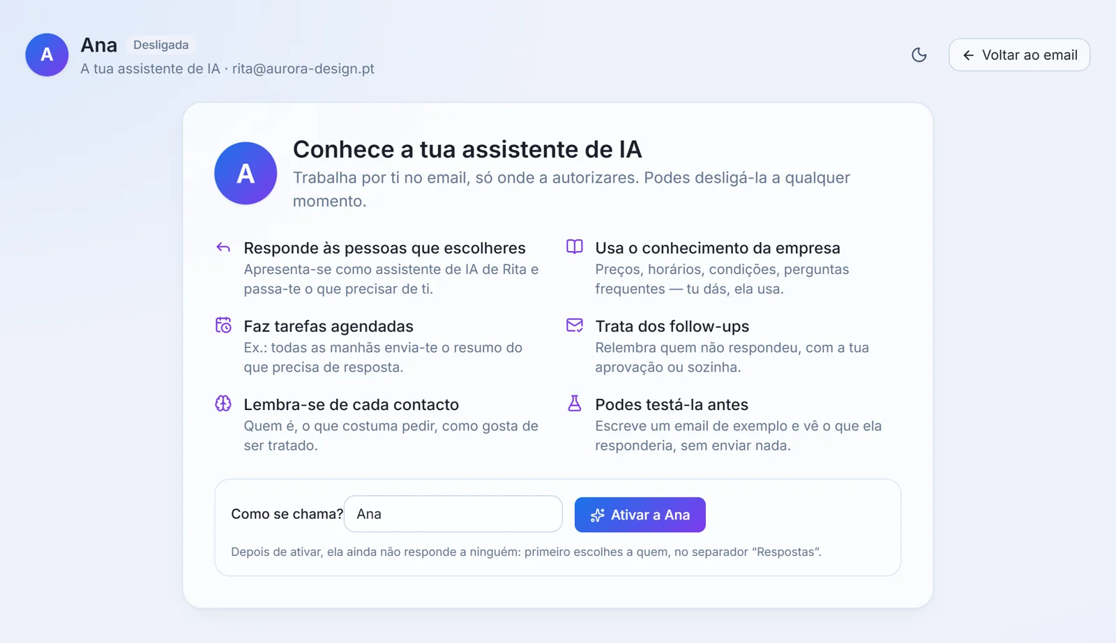 Ecrã de ativação da assistente de IA