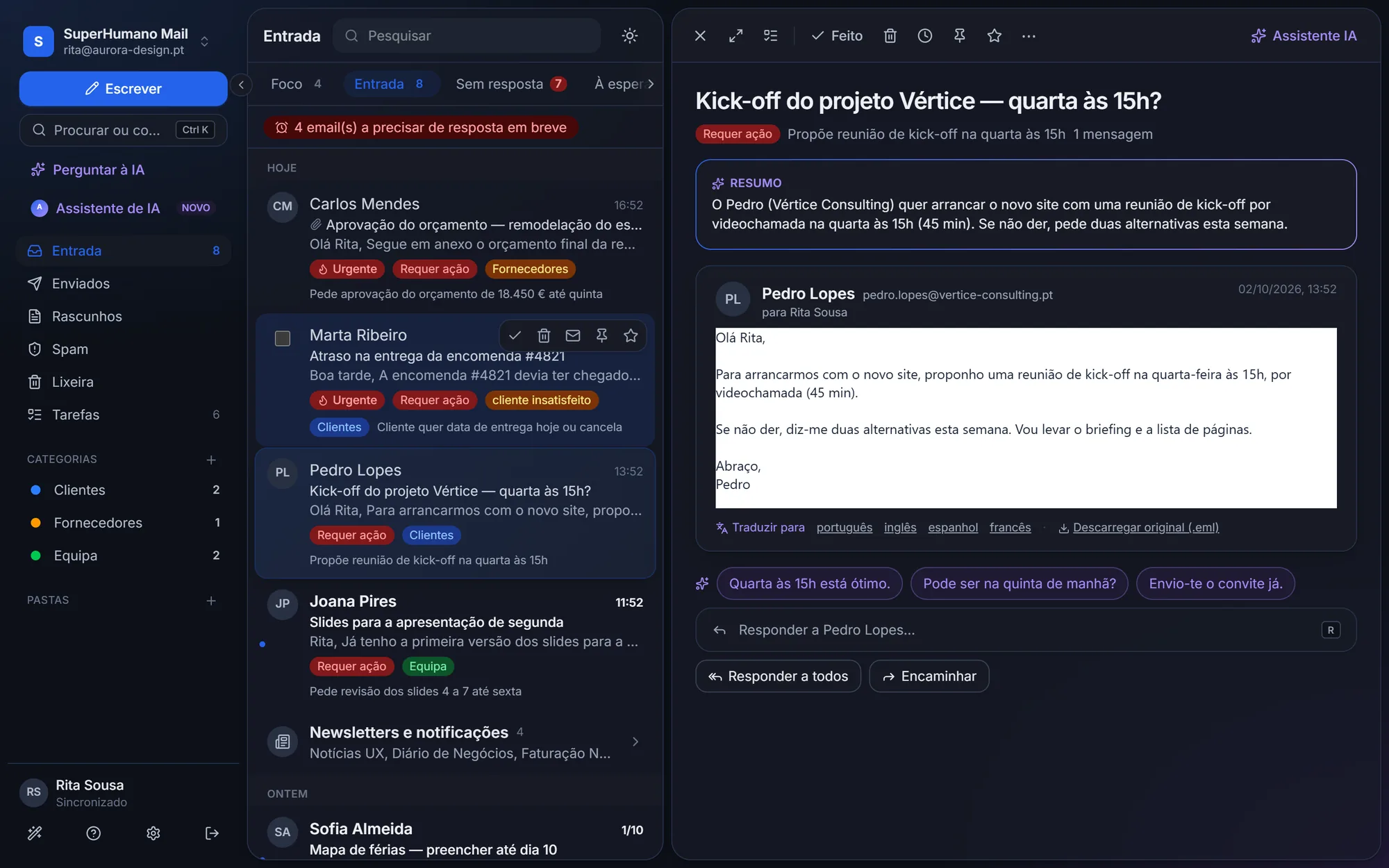 SuperHumano Mail em modo escuro