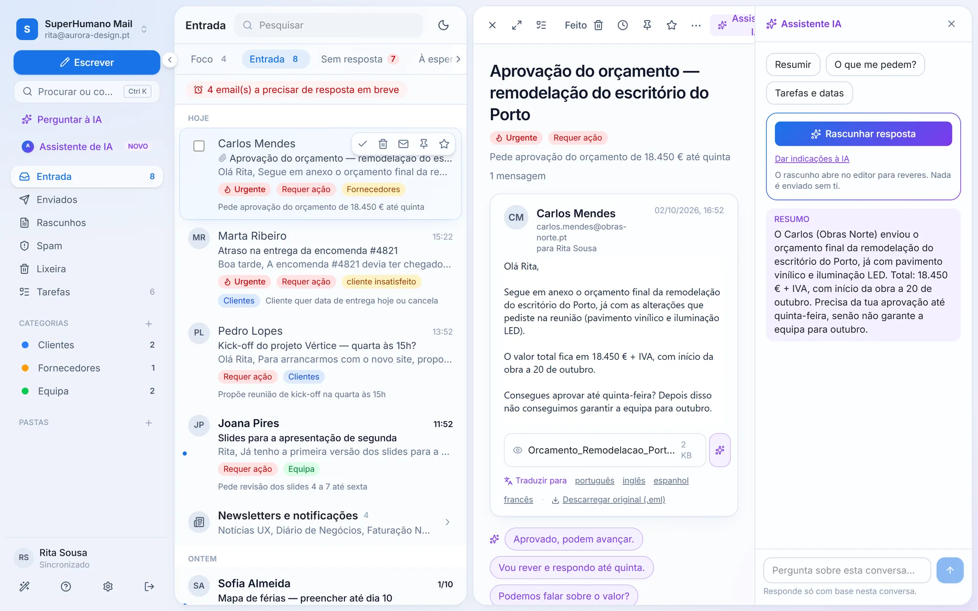 Caixa de entrada do SuperHumano Mail com o painel do Assistente IA aberto e o resumo de um email